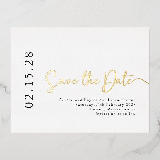 Einfaches elegantes Skript Save the Date Real Gold Folie Einladungspostkarte (Vorderseite)