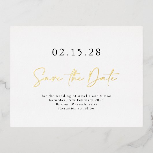 Einfaches elegantes Skript Save the Date Real Gold Folie Einladungspostkarte (Vorderseite)