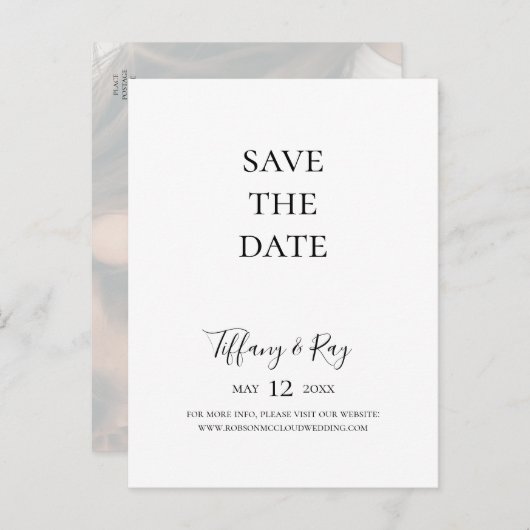 Einfaches elegantes verblichenes Foto Save the Dat Einladungspostkarte (Vorne/Hinten)