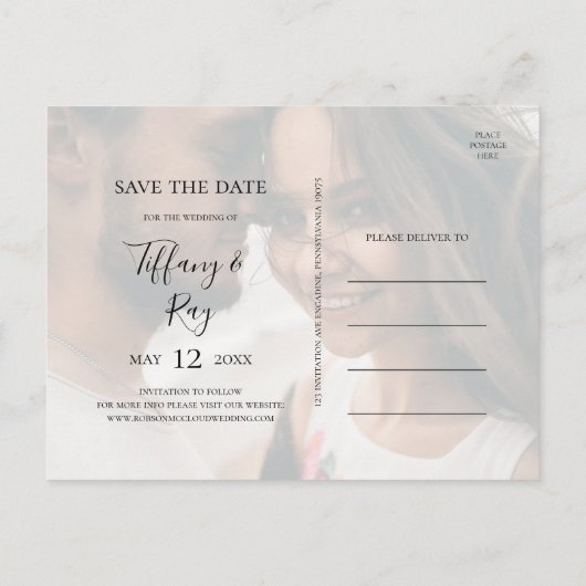 Einfaches elegantes verblichenes Foto Save the Dat Einladungspostkarte (Rückseite)