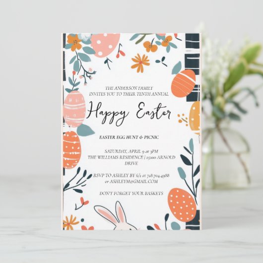 Einfaches Ende Elegante Eier und blumengeschmückte Einladung (Stehend Vorderseite)