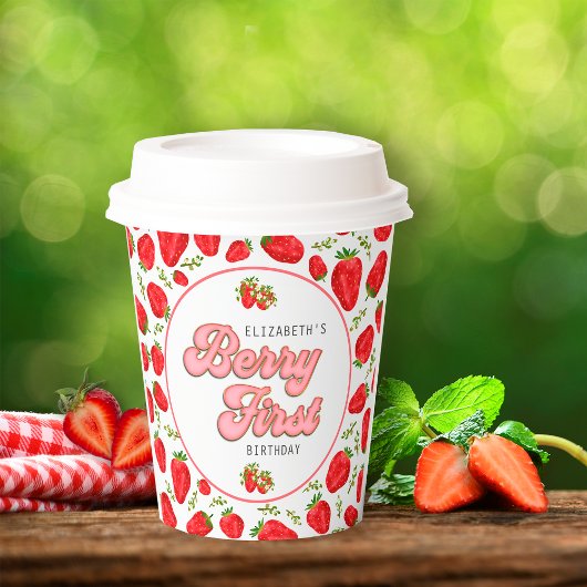 Einfaches Erdbeermuster 1. Geburtstag Berry First Pappbecher