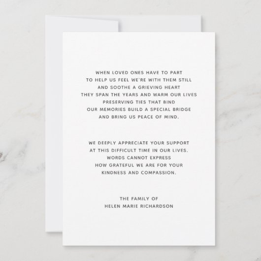 Einfaches ErinnerungsFoto-weißes Beileid danken Dankeskarte (Rückseite)