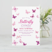 Einfaches erstes Lila Schmetterlingsjahr Party Einladung (Stehend Vorderseite)