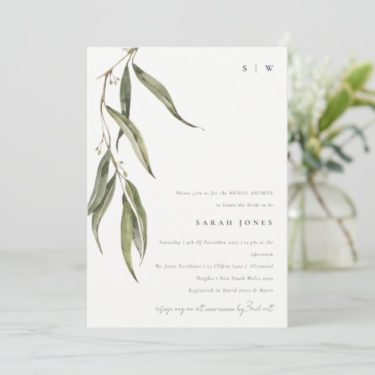 Einfaches Eukalyptus-botanisches Brautparty Einladung (Stehend Vorderseite)