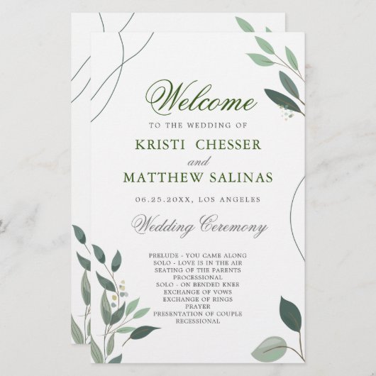 Einfaches Eukalyptus Grüne Hochzeitsprogramm (Vorne/Hinten)