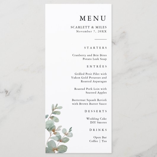 Einfaches Eukalyptus Wedding Menu Menükarte (Vorderseite)