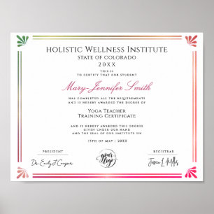 Einfaches farbenfrohes Yoga-Wellness-Diplom-Zertif Poster