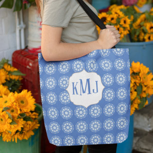 Einfaches florales navyblaues Monogramm-Mandala-Mu Tasche