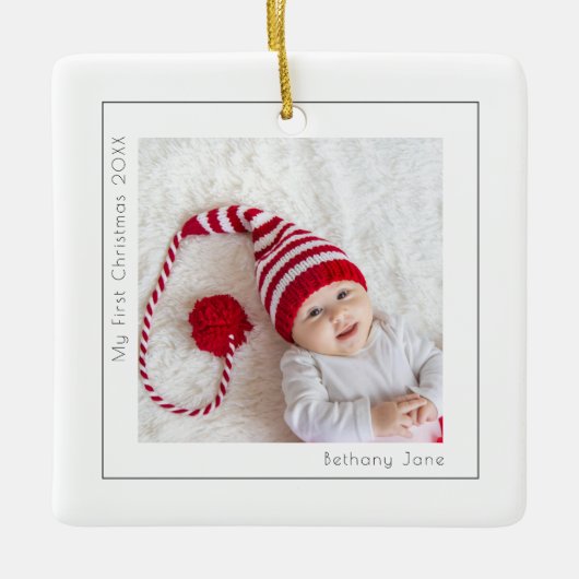 Einfaches Foto Baby First Christmas Keramikornament (Vorderseite)