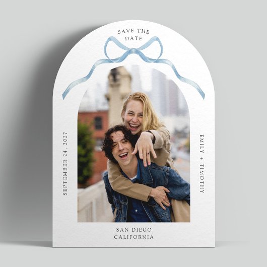 Einfaches Foto Blue Bow Wedding Save the Date Einladung