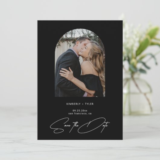 Einfaches Foto, elegantes Drehbuch, Schwarze Hochz Save The Date (Stehend Vorderseite)