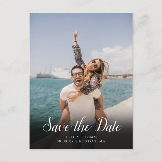 Einfaches Foto Elegantes Skript Save the Date Postkarte (Vorderseite)