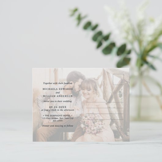 Einfaches Foto für moderne Schwarz-Weiß-Overlay-Ho Einladungspostkarte (Stehend Vorderseite)