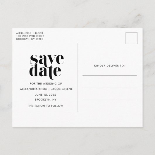 Einfaches Foto Hochzeit speichern Sie das Datum Ankündigungspostkarte (Rückseite)