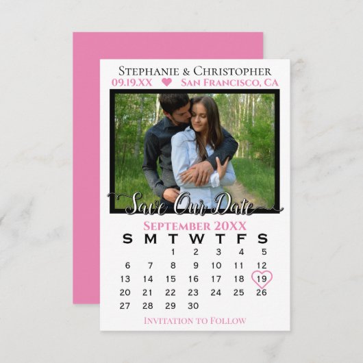 Einfaches Foto Kalender Rosa Hochzeit Retten Unser Karte (Vorne/Hinten)