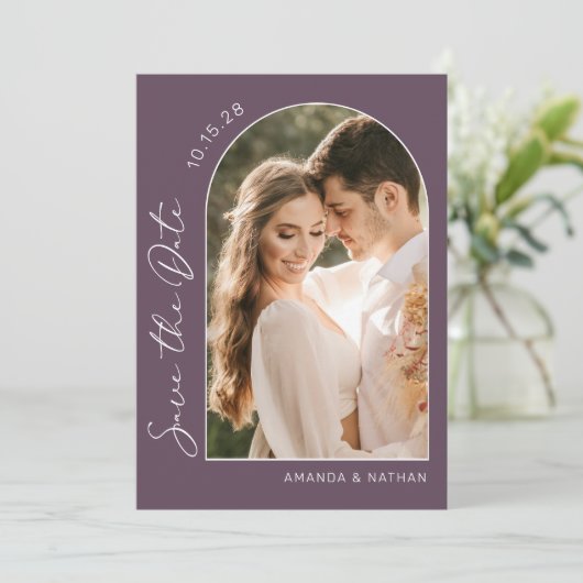 Einfaches Foto Lila Elegante Hochzeit Save The Date (Stehend Vorderseite)