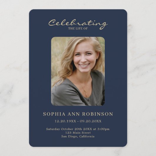 Einfaches Foto Memorial Blue Gold Order of Service Programm (Vorderseite)