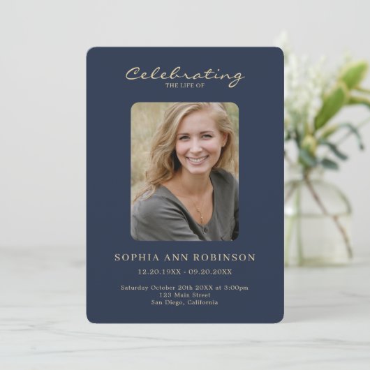 Einfaches Foto Memorial Blue Gold Order of Service Programm (Stehend Vorderseite)