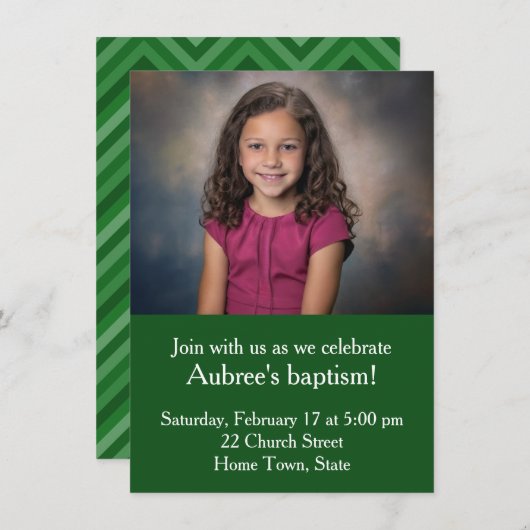 Einfaches Foto mit grüner Zig-Zag-Taufe Einladung (Vorne/Hinten)