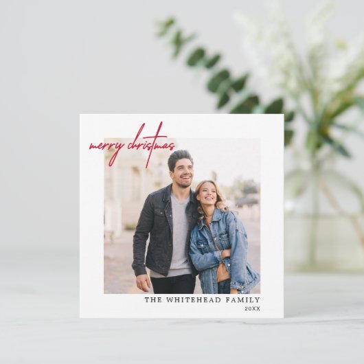 Einfaches Foto Rot Frohe Weihnachten Weiß (Stehend Vorderseite)