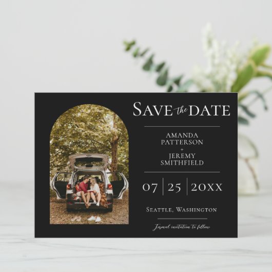 Einfaches Foto | Schwarz Save the Date (Stehend Vorderseite)