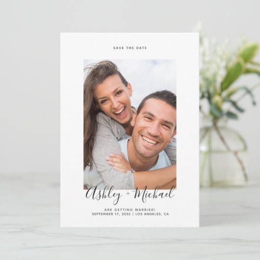 Einfaches Foto-Script-Marble-Hochzeit speichern Si Save The Date (Stehend Vorderseite)