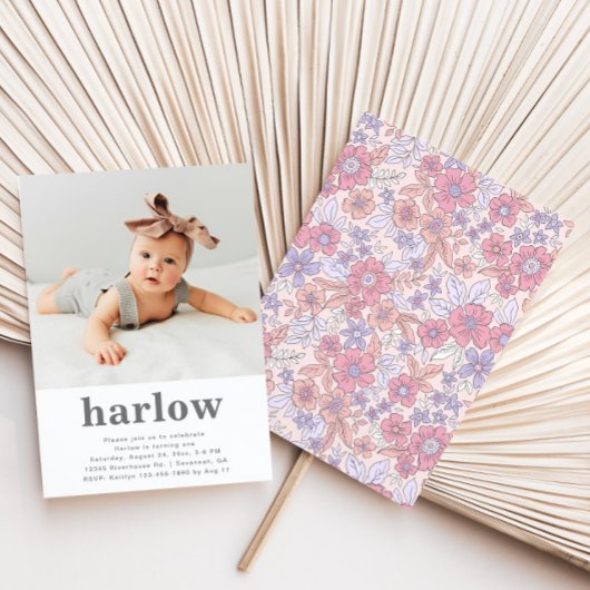 Einfaches Foto zum Geburtstag | Floral Einladung