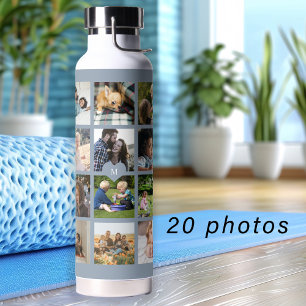 Einfaches Fotocollagen-Monogramm-Andenken blau Trinkflasche