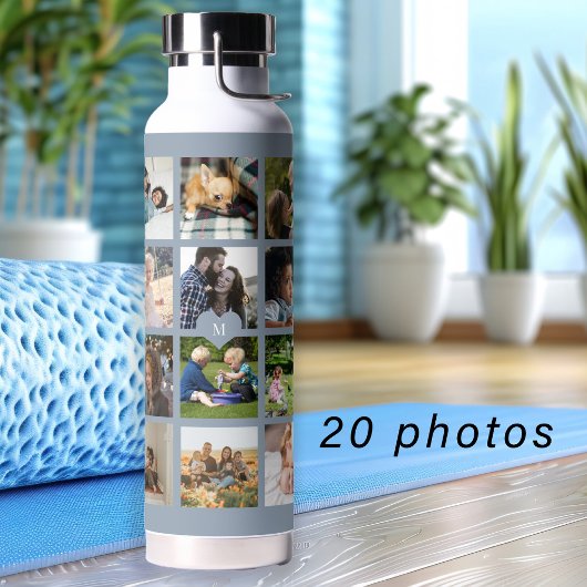 Einfaches Fotocollagen-Monogramm-Andenken blau Trinkflasche