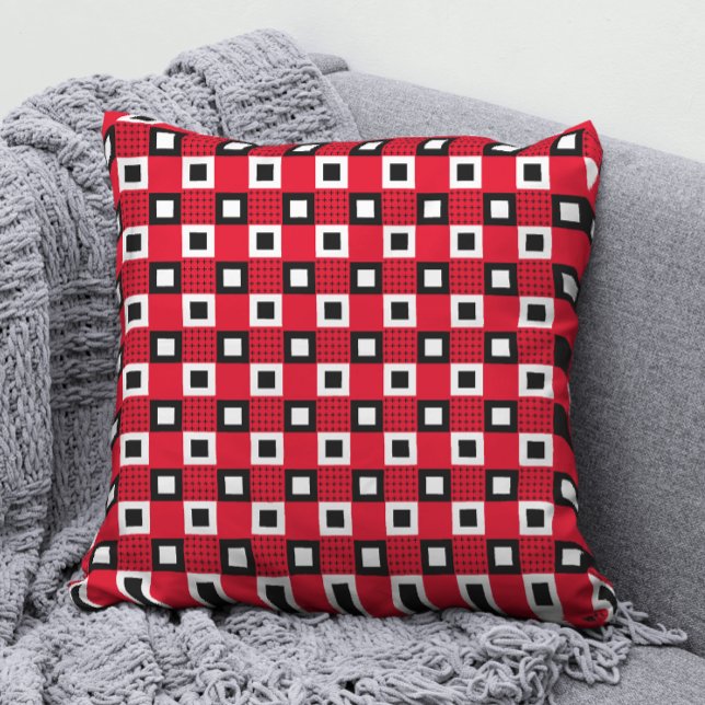 Einfaches geometrisches Schwarzweißmuster auf Rot Kissen (Von Creator hochgeladen)