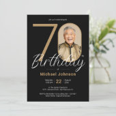 Einfaches Gold Black Foto 70. Geburtstag Einladung (Stehend Vorderseite)