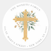 Einfaches Gold Christlich Cross Greenerity Address Runder Aufkleber (Vorderseite)