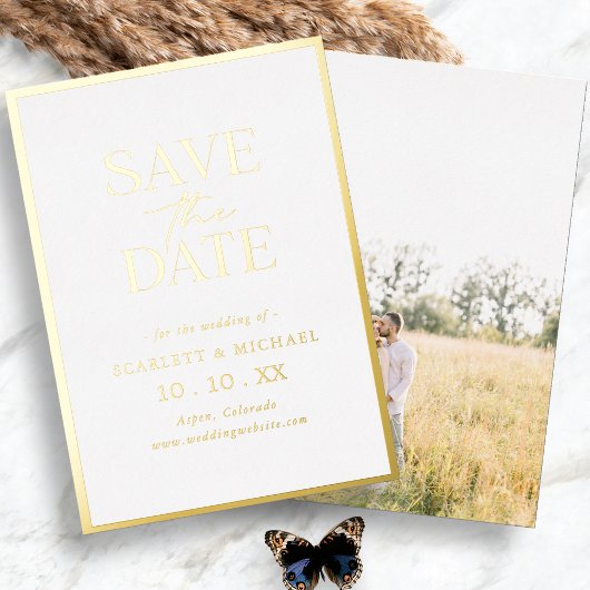 Einfaches Gold Foto Save the Date Foil Einladung