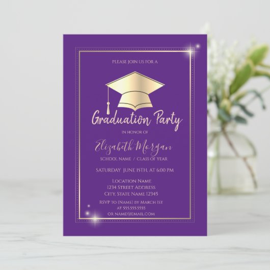 Einfaches Gold Frame Grad Cap Violet Abschluss Einladung (Stehend Vorderseite)