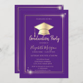 Einfaches Gold Frame Grad Cap Violet Abschluss Einladung (Vorne/Hinten)