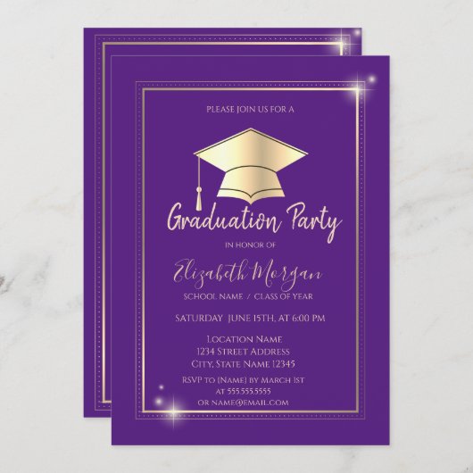 Einfaches Gold Frame Grad Cap Violet Abschluss Einladung (Vorne/Hinten)