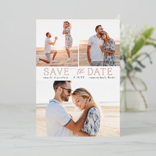 Einfaches Gold-Multiple-Foto Save the Date real Folieneinladung (Stehend vorne)
