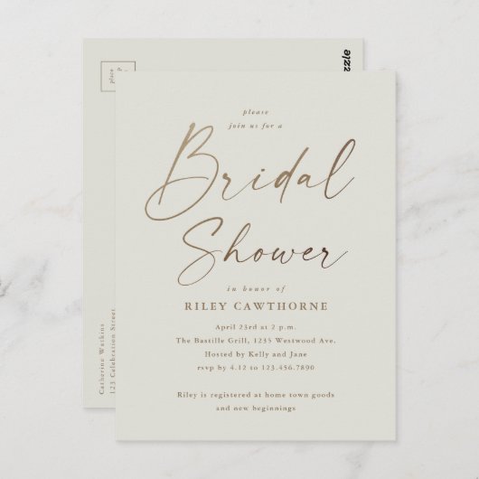 Einfaches Gold Script-Brautparty Postkarte (Vorne/Hinten)