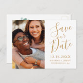 Einfaches Gold Script-Foto Rette unser Datum Ankündigungspostkarte (Vorne/Hinten)