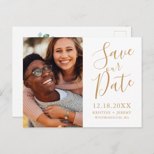 Einfaches Gold Script-Foto Rette unser Datum Ankündigungspostkarte (Vorne/Hinten)
