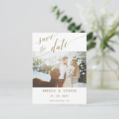 Einfaches Gold Script-Kalligrafie-Save the Date Fo Ankündigungspostkarte (Stehend Vorderseite)