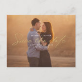 Einfaches Gold Script Overlay-Foto Save the Date Postkarte (Vorderseite)