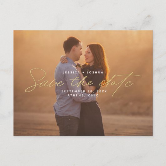 Einfaches Gold Script Overlay-Foto Save the Date Postkarte (Vorderseite)
