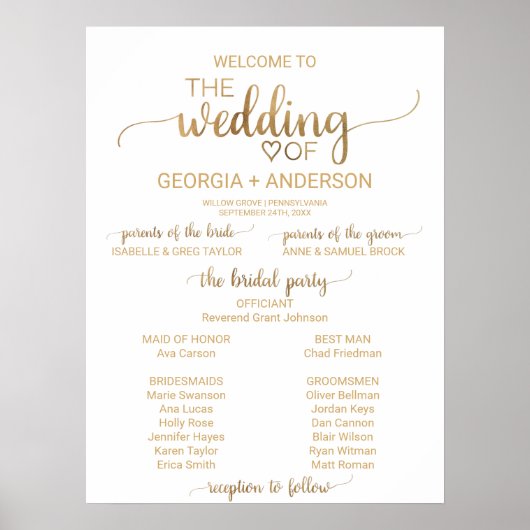 Einfaches goldenes Kalligrafie-Hochzeitsprogramm Poster (Vorne)