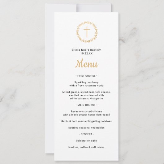 Einfaches Goldkranz mit Taufmenü Einladung (Vorderseite)