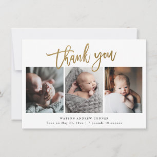 Einfaches Goldschrift-3-Foto-Baby Dankeskarte