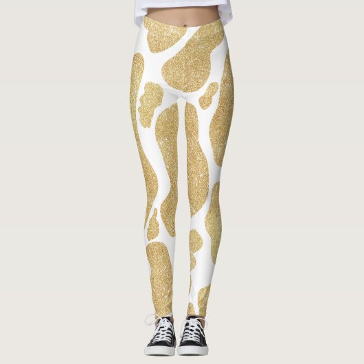 Einfaches goldweißes großes Kuhmuster Tiermuster Leggings (Vorderseite)