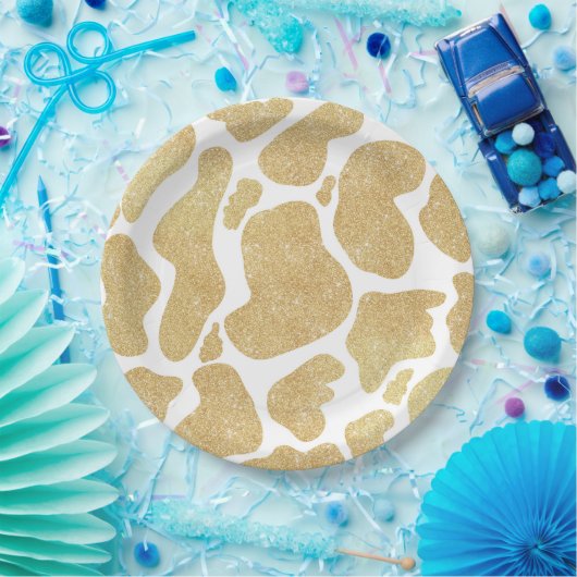 Einfaches goldweißes großes Kuhmuster Tiermuster Pappteller (Party)