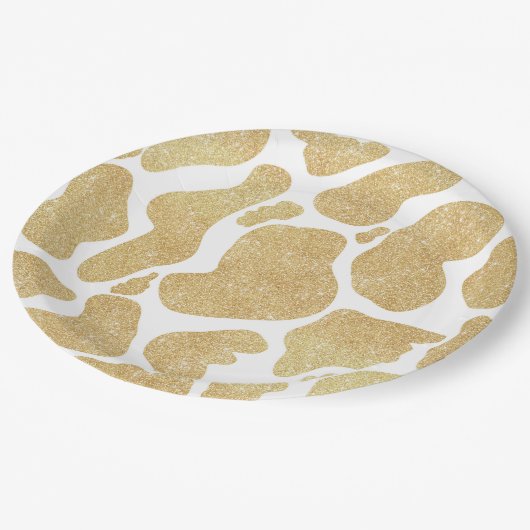 Einfaches goldweißes großes Kuhmuster Tiermuster Pappteller (Schrägansicht)